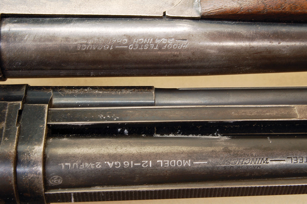 Modern 16-gauge chamber length markings on a Winchester M12 (top) and on a single-shot farm gun (bottom).